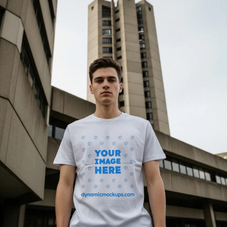 Man Wearing White T-shirt Mockup Front View Template