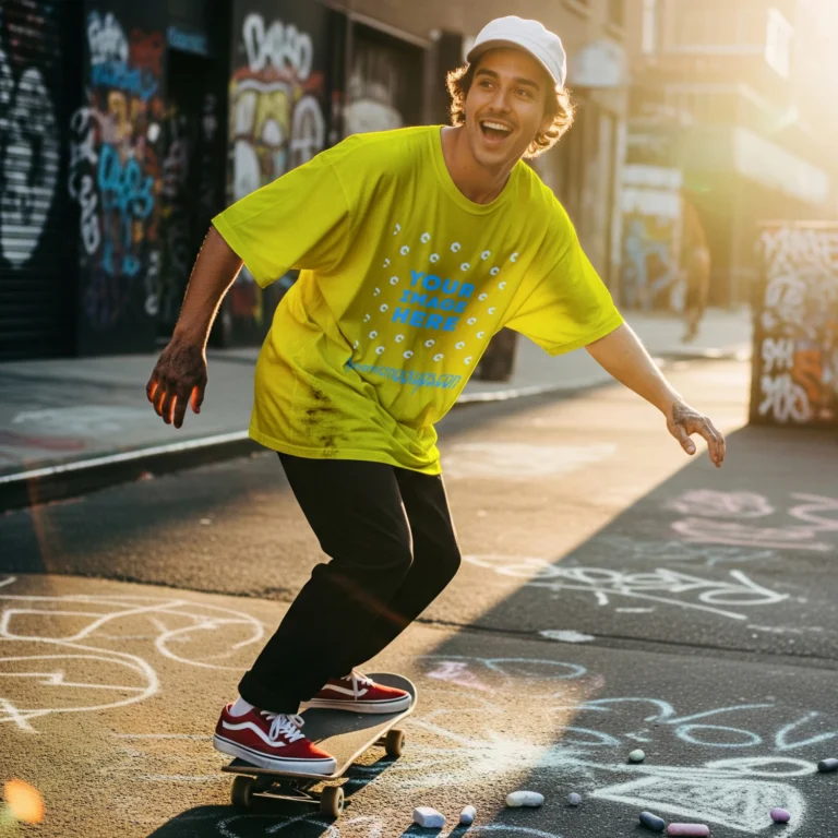 Man Wearing Yellow T-shirt Mockup Front View Template