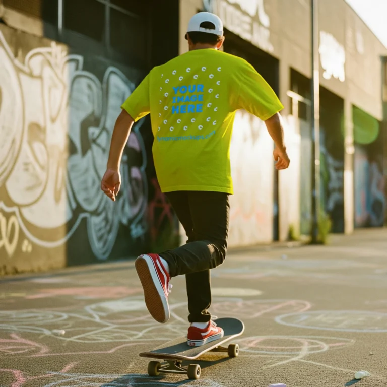 Man Wearing Yellow T-shirt Mockup Back View Template