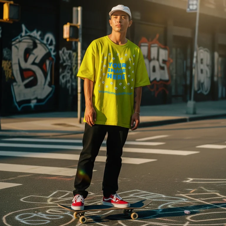 Man Wearing Yellow T-shirt Mockup Front View Template