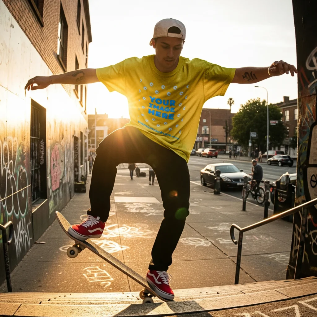 Man Wearing Yellow T-shirt Mockup Front View Template
