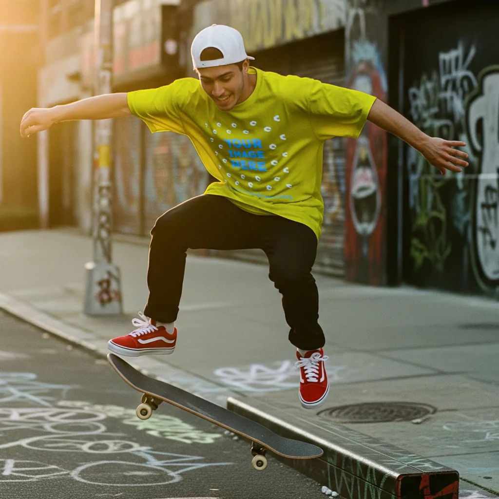 Man Wearing Yellow T-shirt Mockup Front View Template