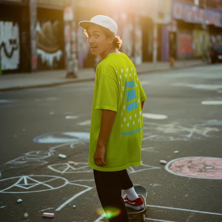 Man Wearing Yellow T-shirt Mockup Back View Template