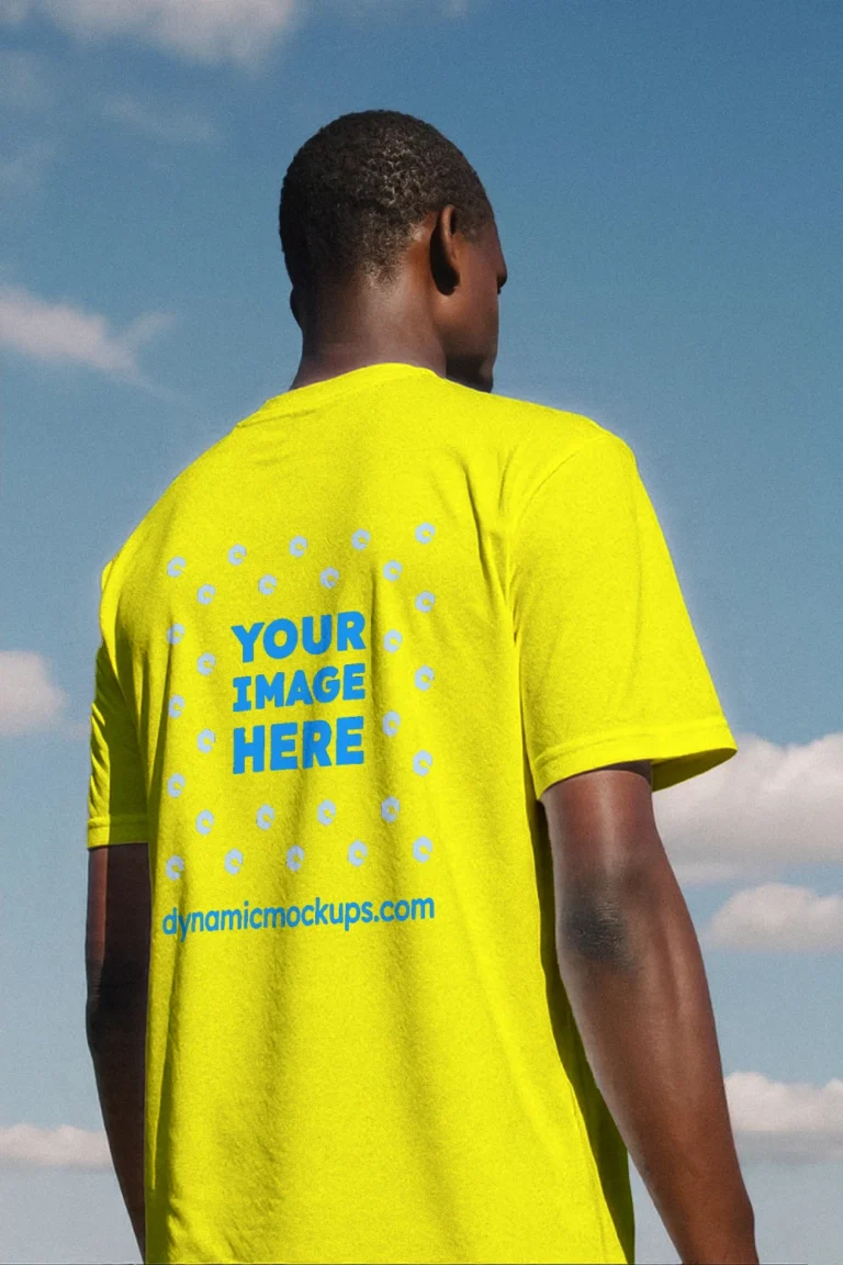 Man Wearing Yellow T-shirt Mockup Back View Template