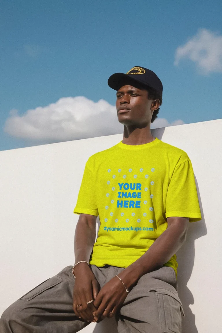 Man Wearing Yellow T-shirt Mockup Front View Template