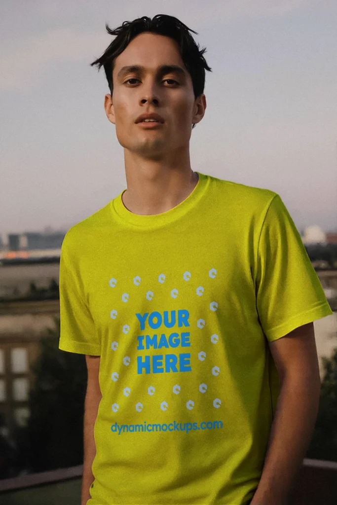 Man Wearing Yellow T-shirt Mockup Front View Template