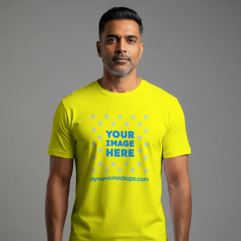Man Wearing Yellow T-shirt Mockup Front View Template