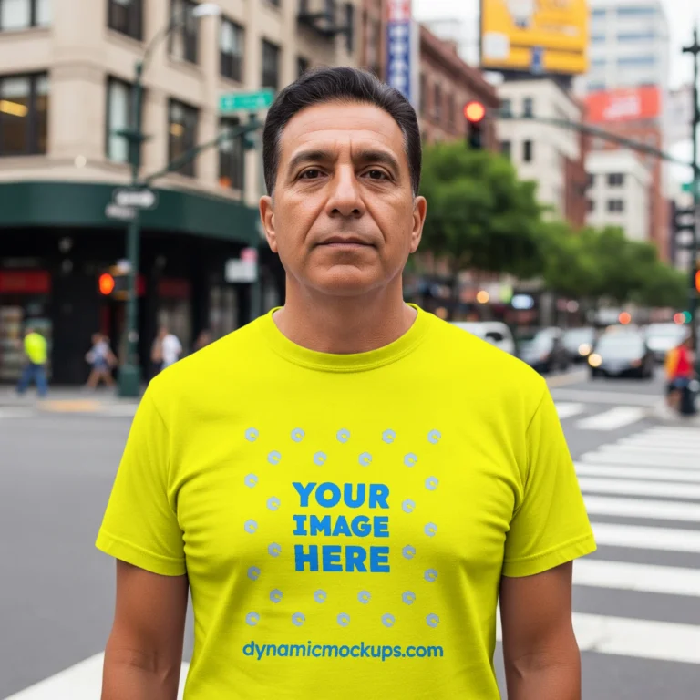 Man Wearing Yellow T-shirt Mockup Front View Template