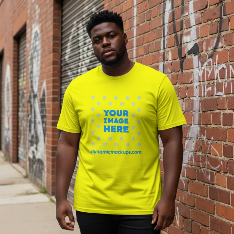 Man Wearing Yellow T-shirt Mockup Front View Template