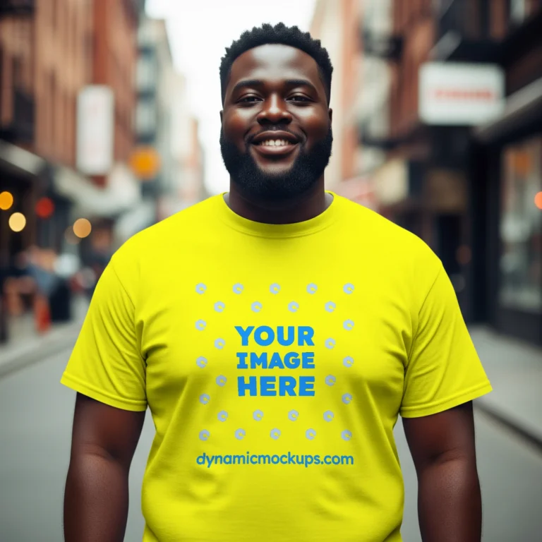 Man Wearing Yellow T-shirt Mockup Front View Template