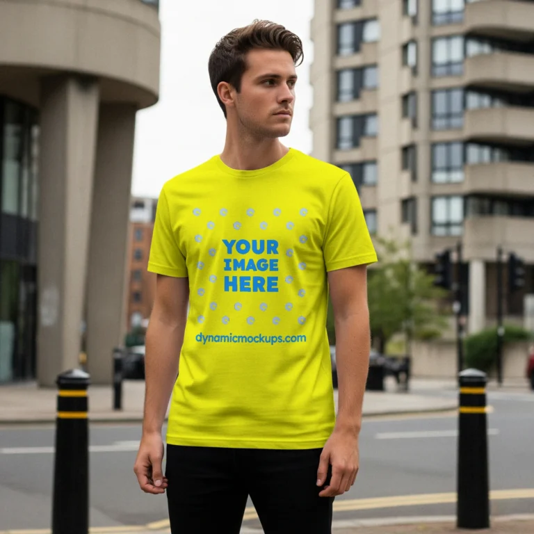 Man Wearing Yellow T-shirt Mockup Front View Template