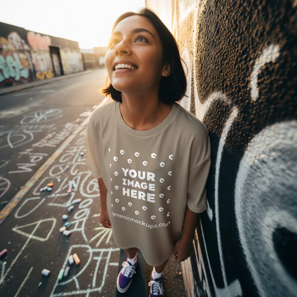 Woman Wearing Beige T-shirt Mockup Front View Template