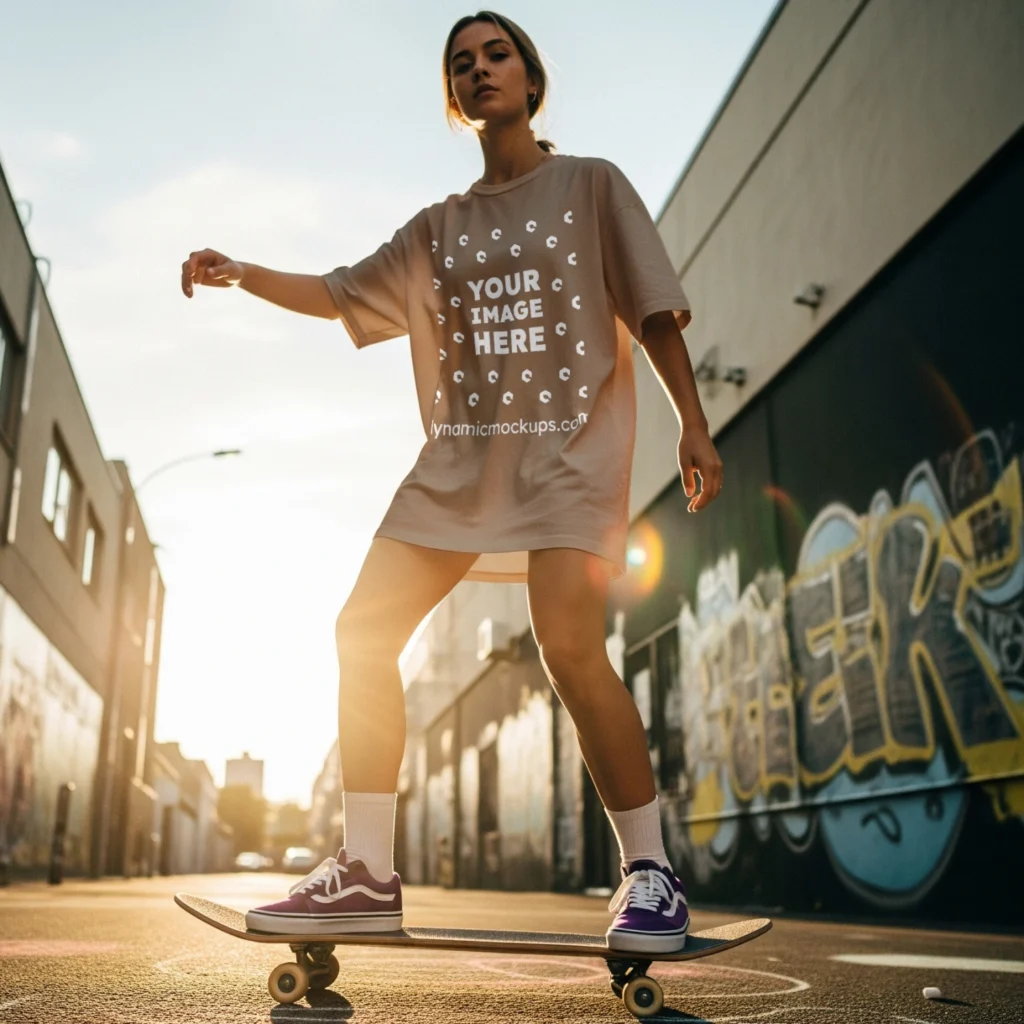 Woman Wearing Beige T-shirt Mockup Front View Template