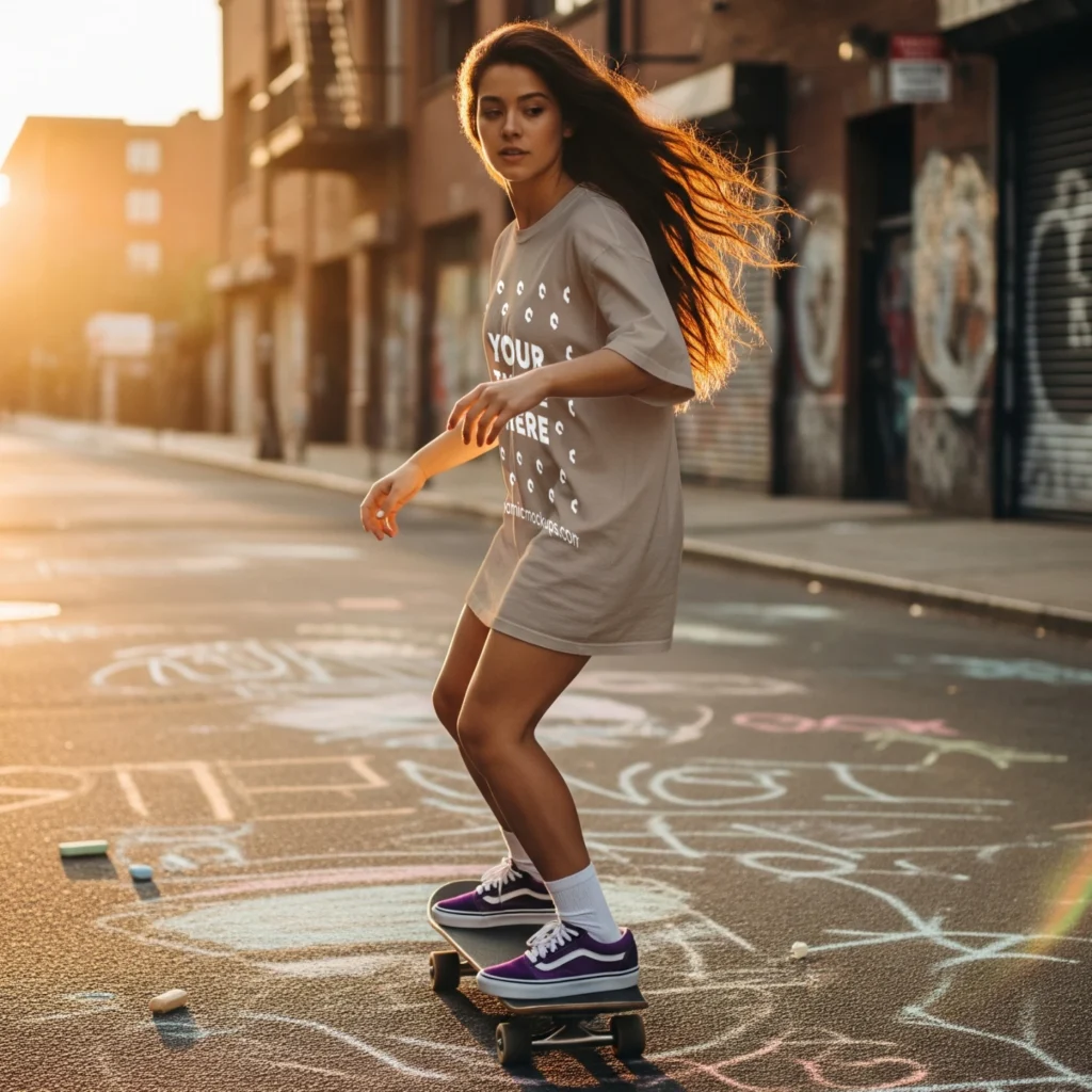 Woman Wearing Beige T-shirt Mockup Side View Template