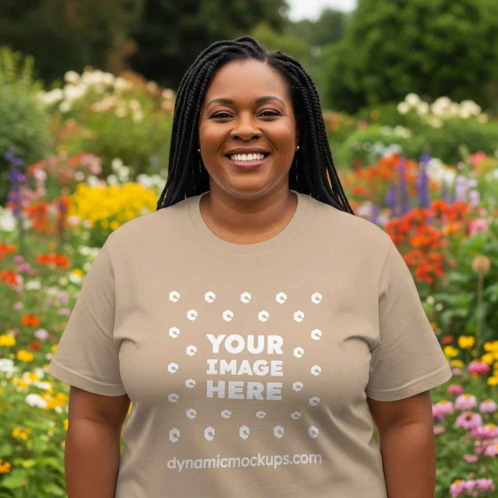 Woman Wearing Beige T-shirt Mockup Front View Template