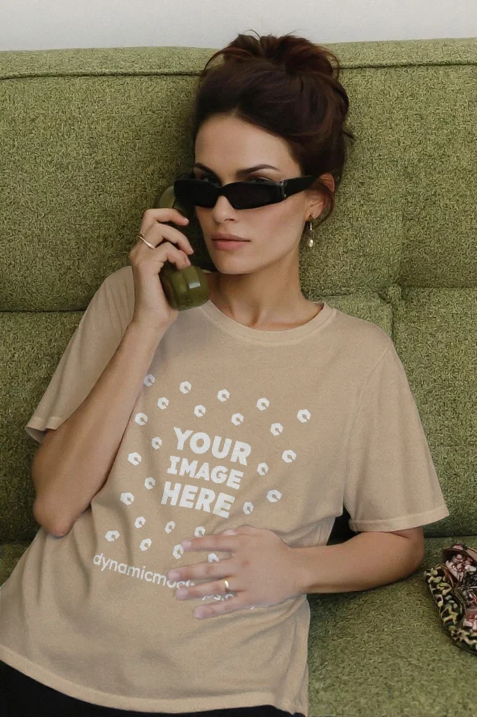 Woman Wearing Beige T-shirt Mockup Front View Template