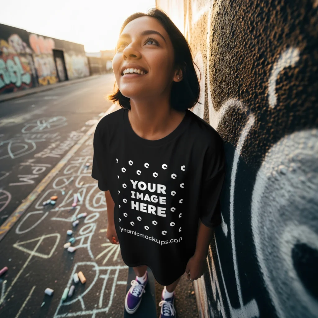 Woman Wearing Black T-shirt Mockup Front View Template