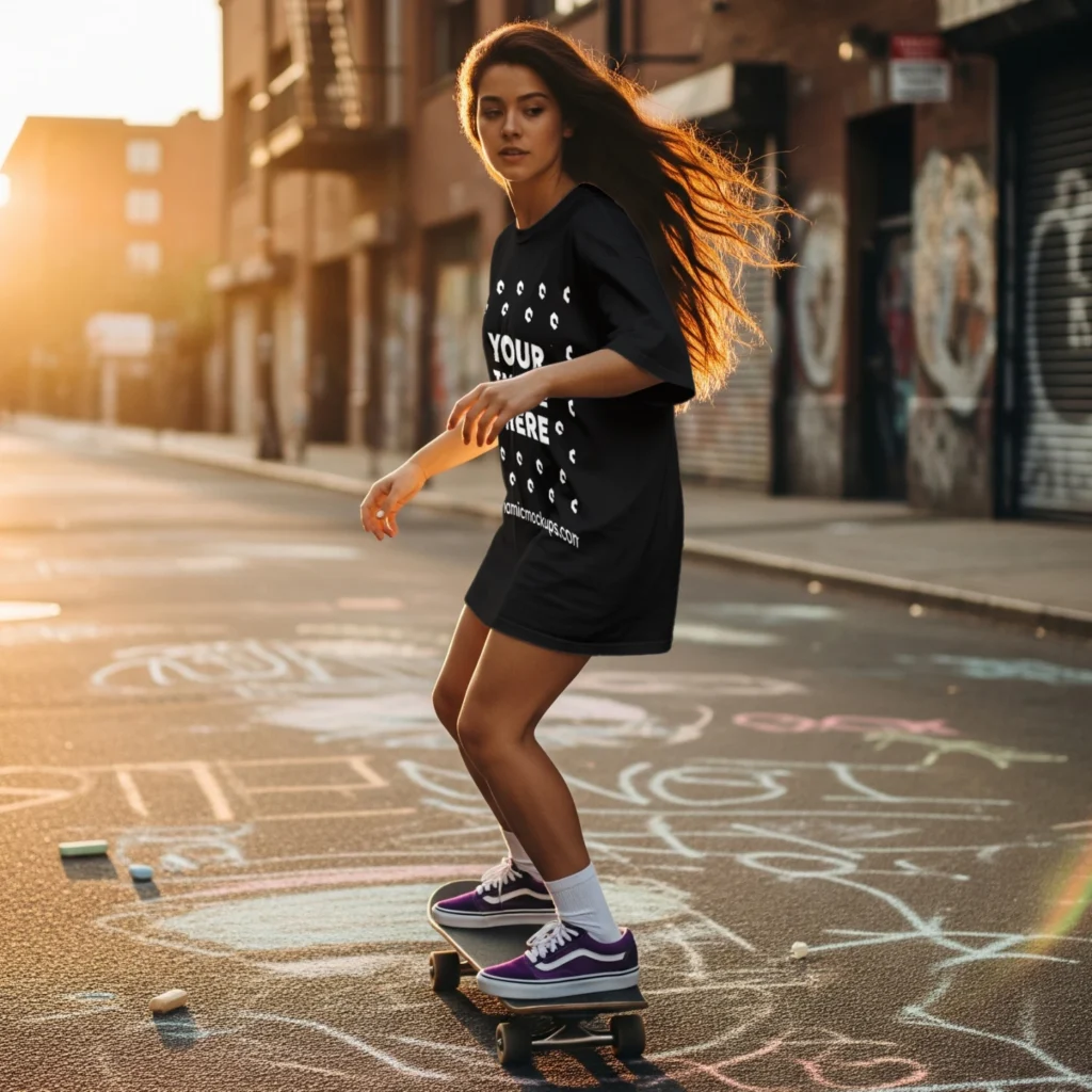 Woman Wearing Black T-shirt Mockup Side View Template