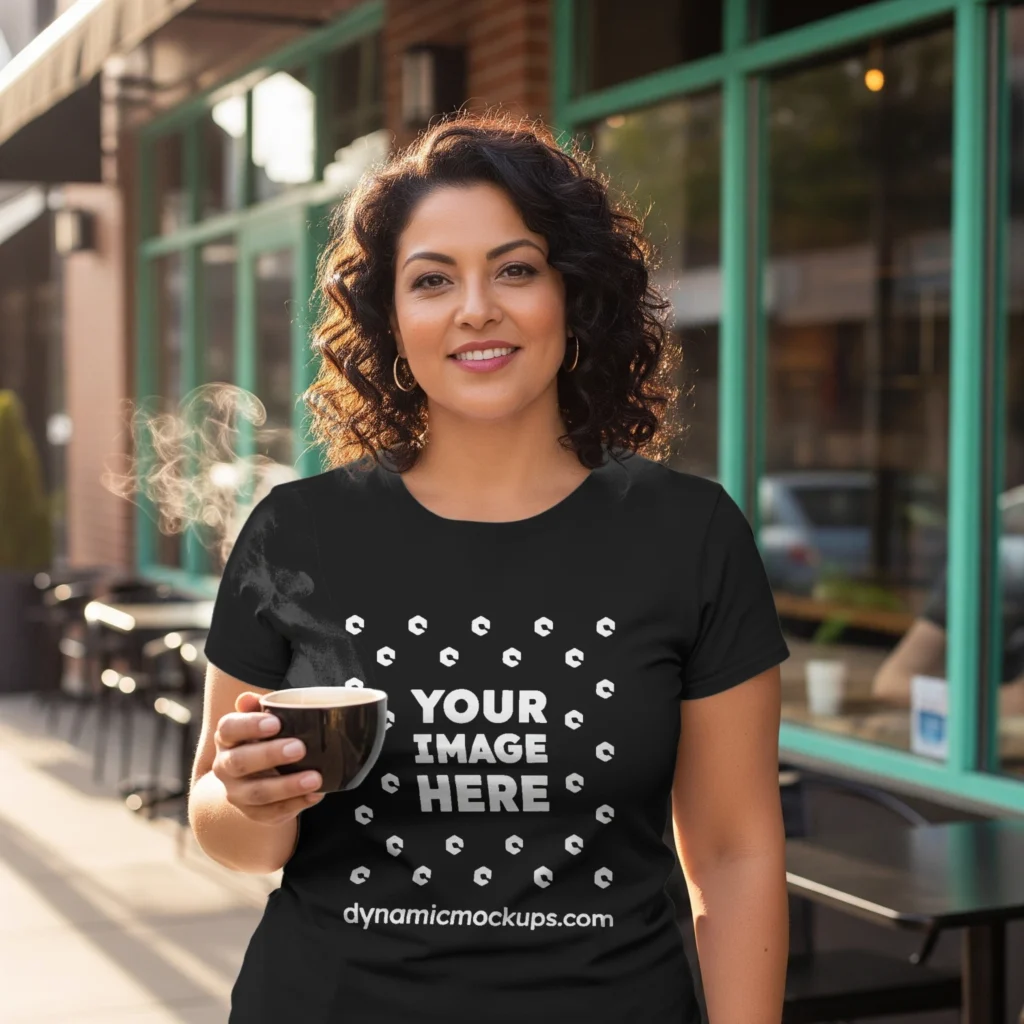 Woman Wearing Black T-shirt Mockup Front View Template