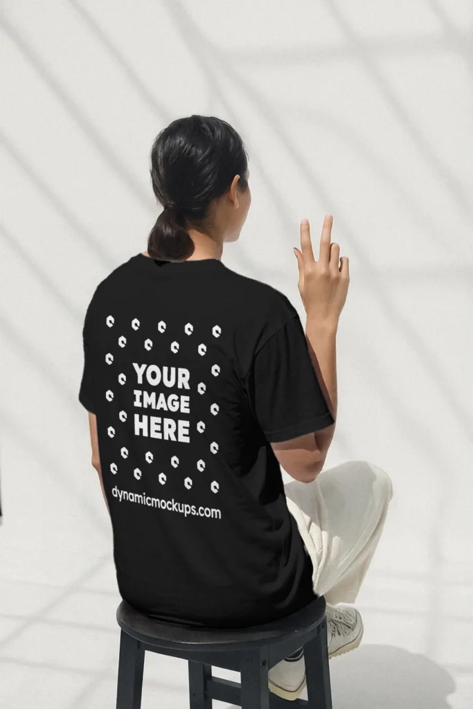 Woman Wearing Black T-shirt Mockup Back View Template