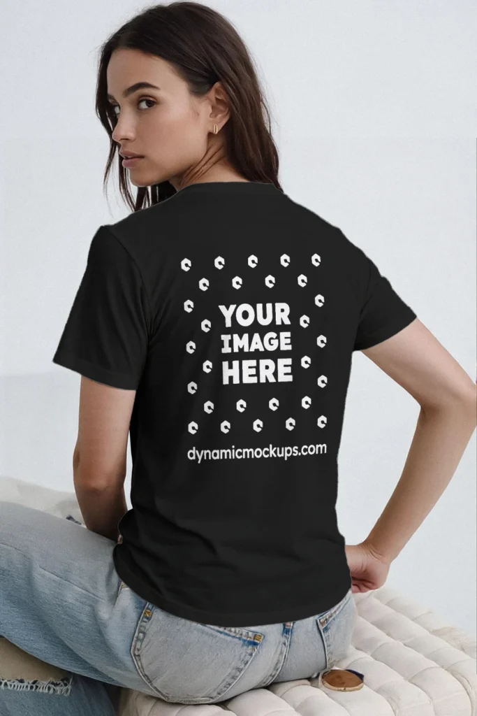 Woman Wearing Black T-shirt Mockup Back View Template