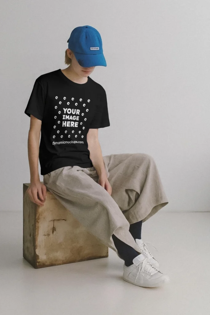 Woman Wearing Black T-shirt Mockup Front View Template