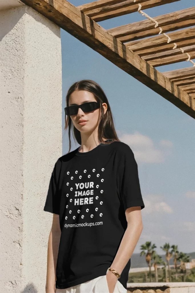 Woman Wearing Black T-shirt Mockup Front View Template