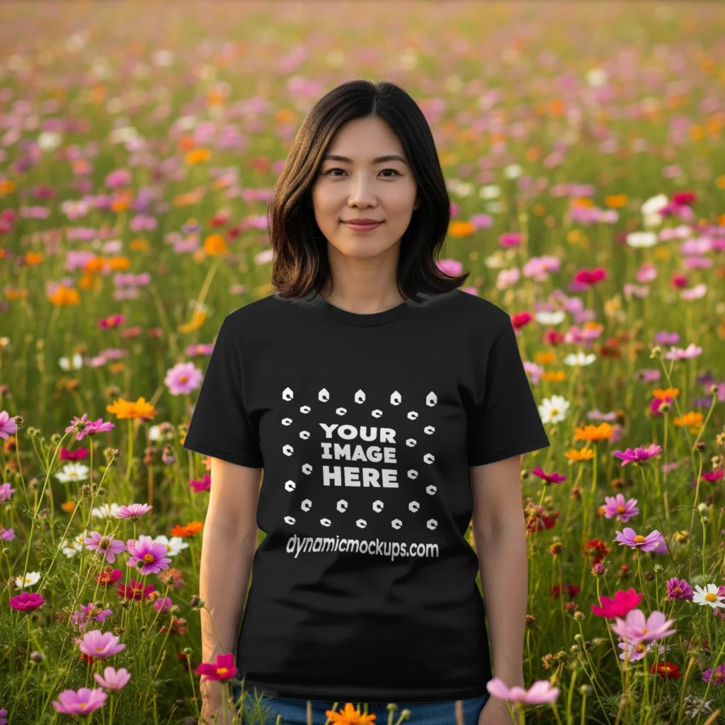 Woman Wearing Black T-shirt Mockup Front View Template