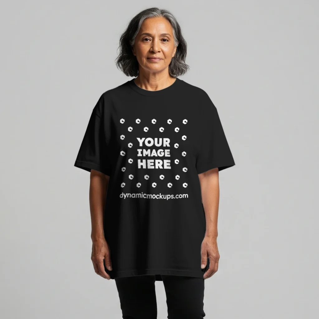 Woman Wearing Black T-shirt Mockup Front View Template