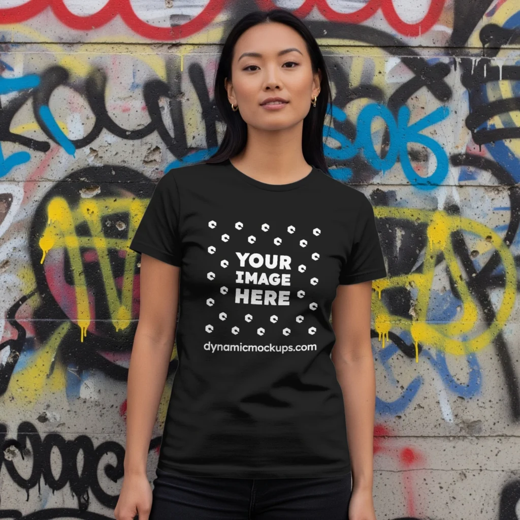 Woman Wearing Black T-shirt Mockup Front View Template