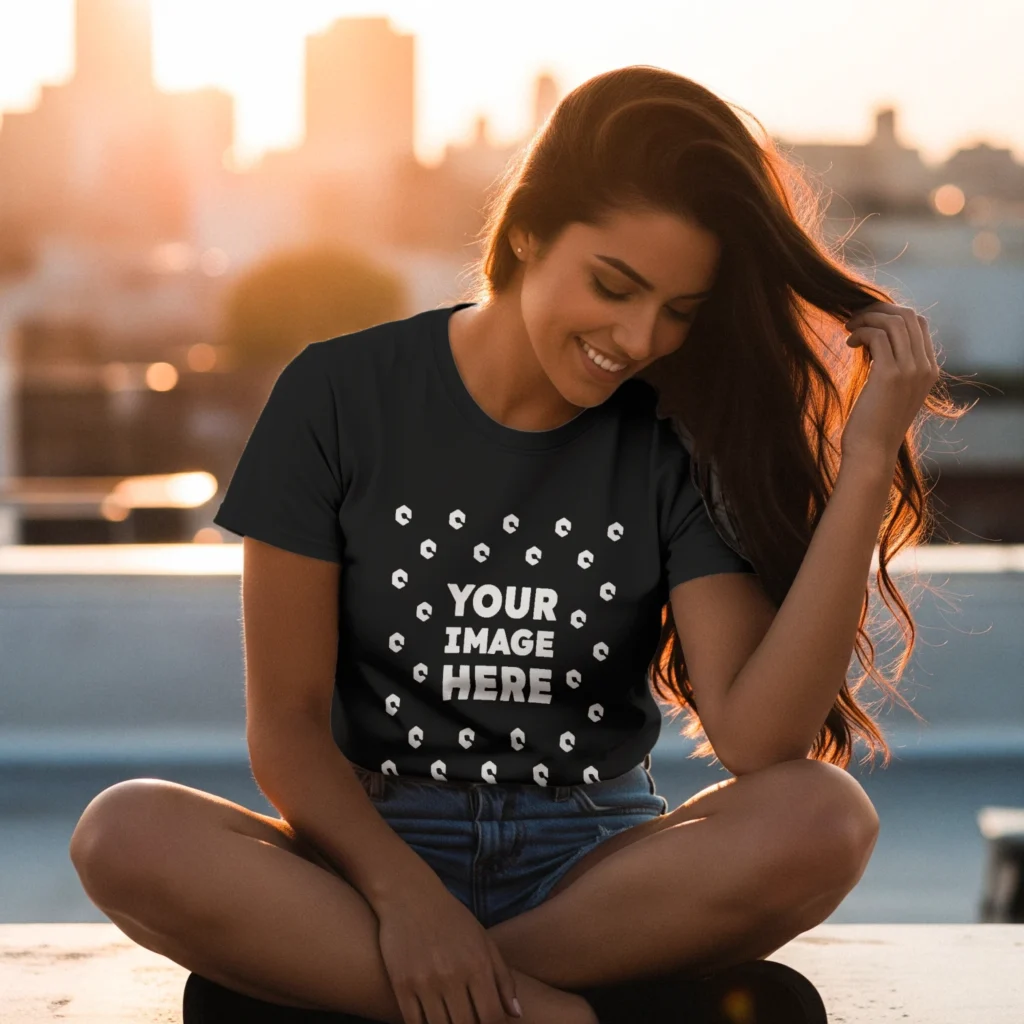 Woman Wearing Black T-shirt Mockup Front View Template