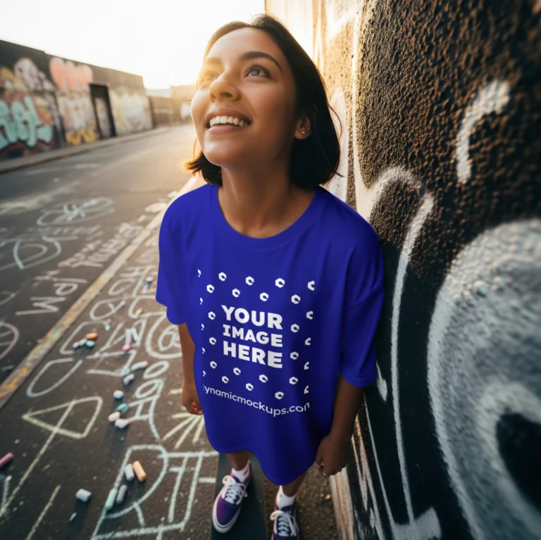 Woman Wearing Blue T-shirt Mockup Front View Template
