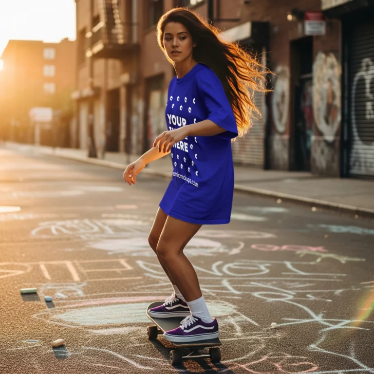 Woman Wearing Blue T-shirt Mockup Side View Template