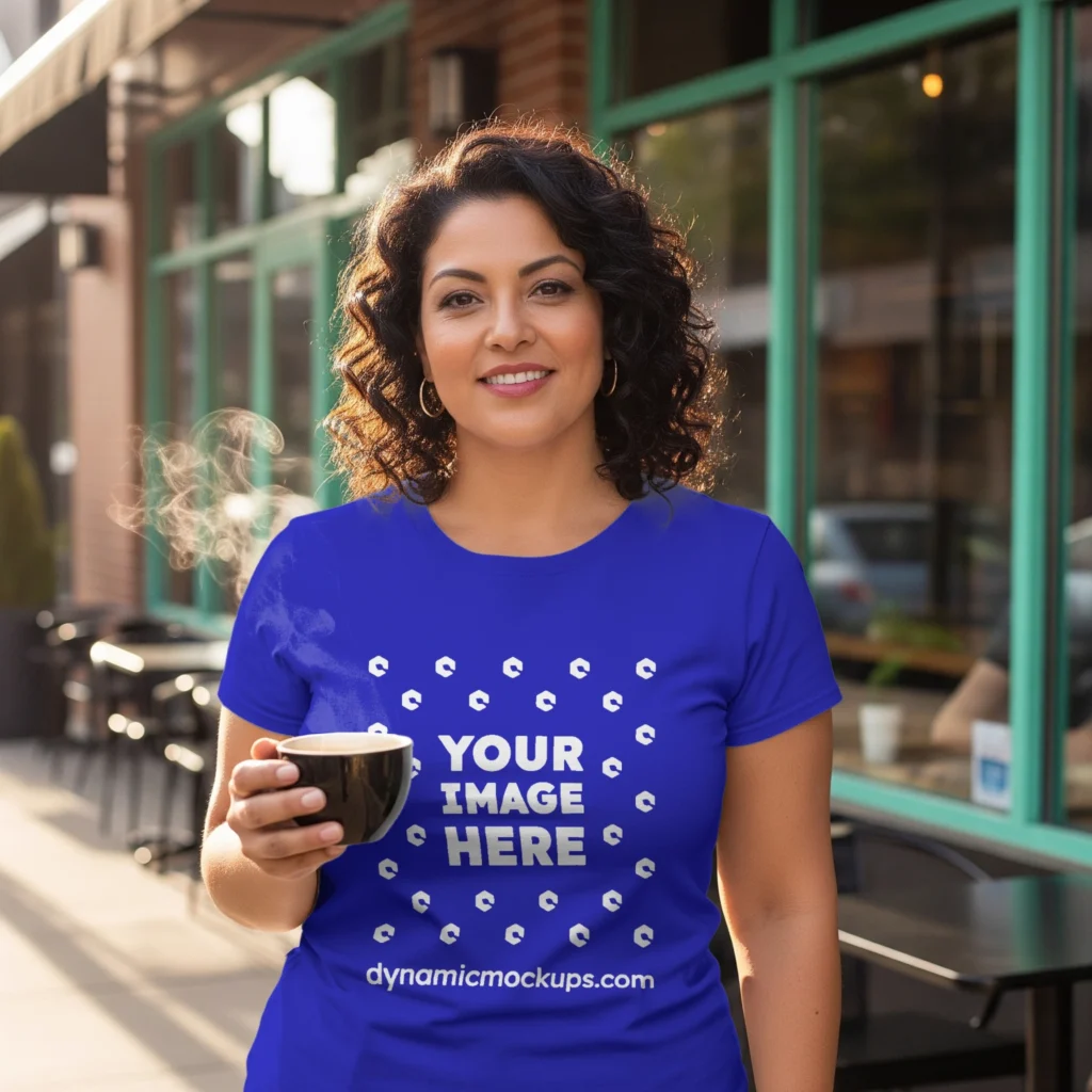 Woman Wearing Blue T-shirt Mockup Front View Template