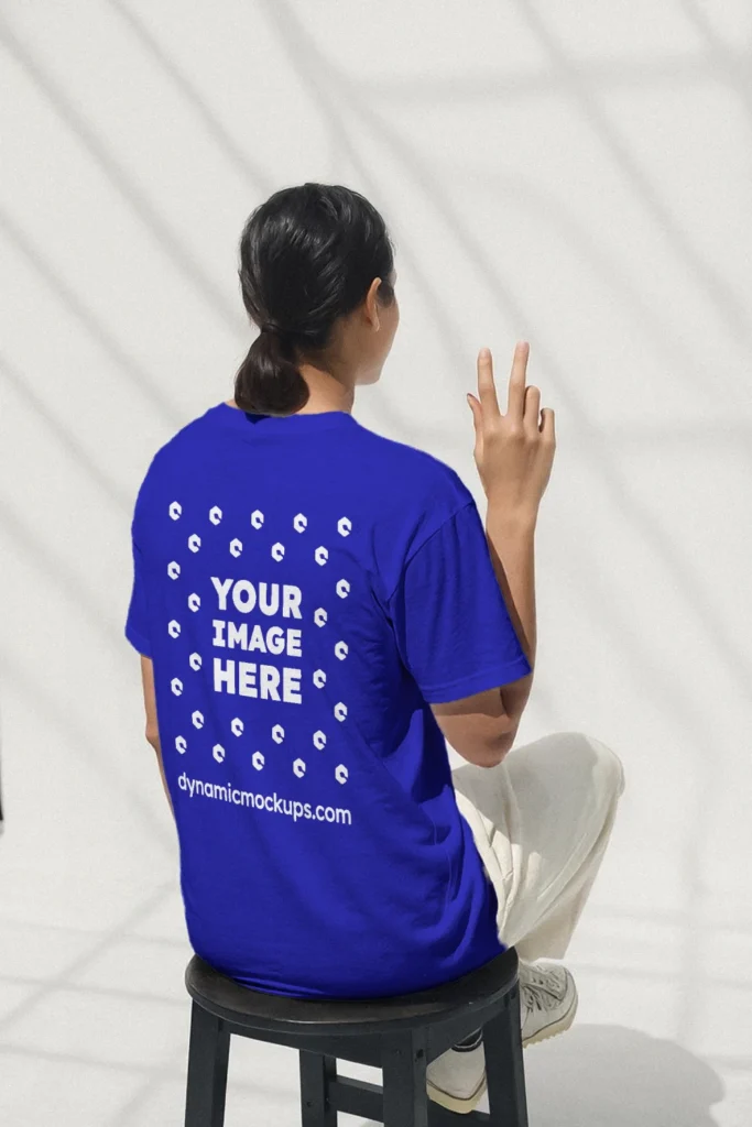 Woman Wearing Blue T-shirt Mockup Back View Template