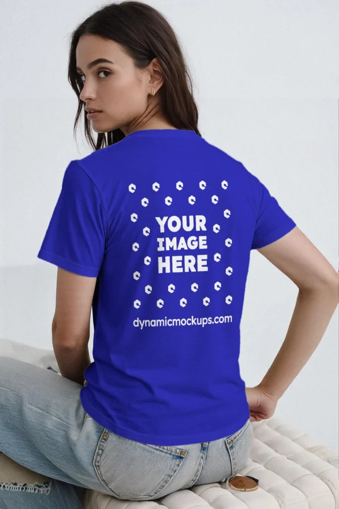 Woman Wearing Blue T-shirt Mockup Back View Template