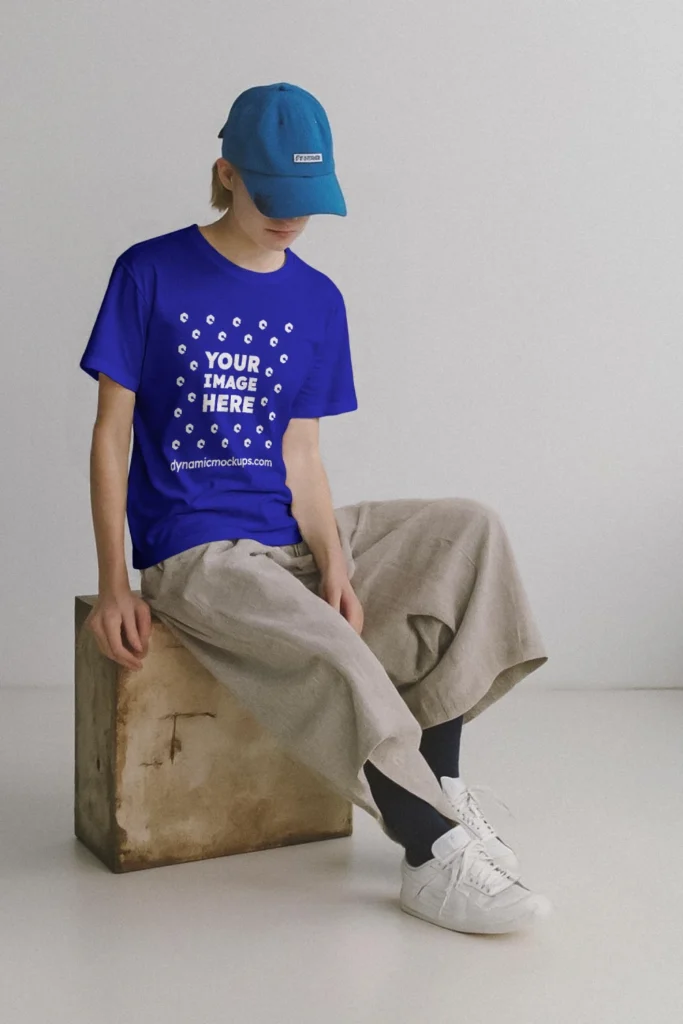 Woman Wearing Blue T-shirt Mockup Front View Template