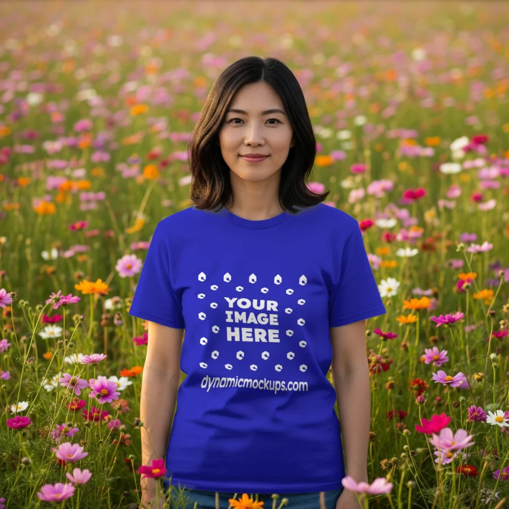 Woman Wearing Blue T-shirt Mockup Front View Template