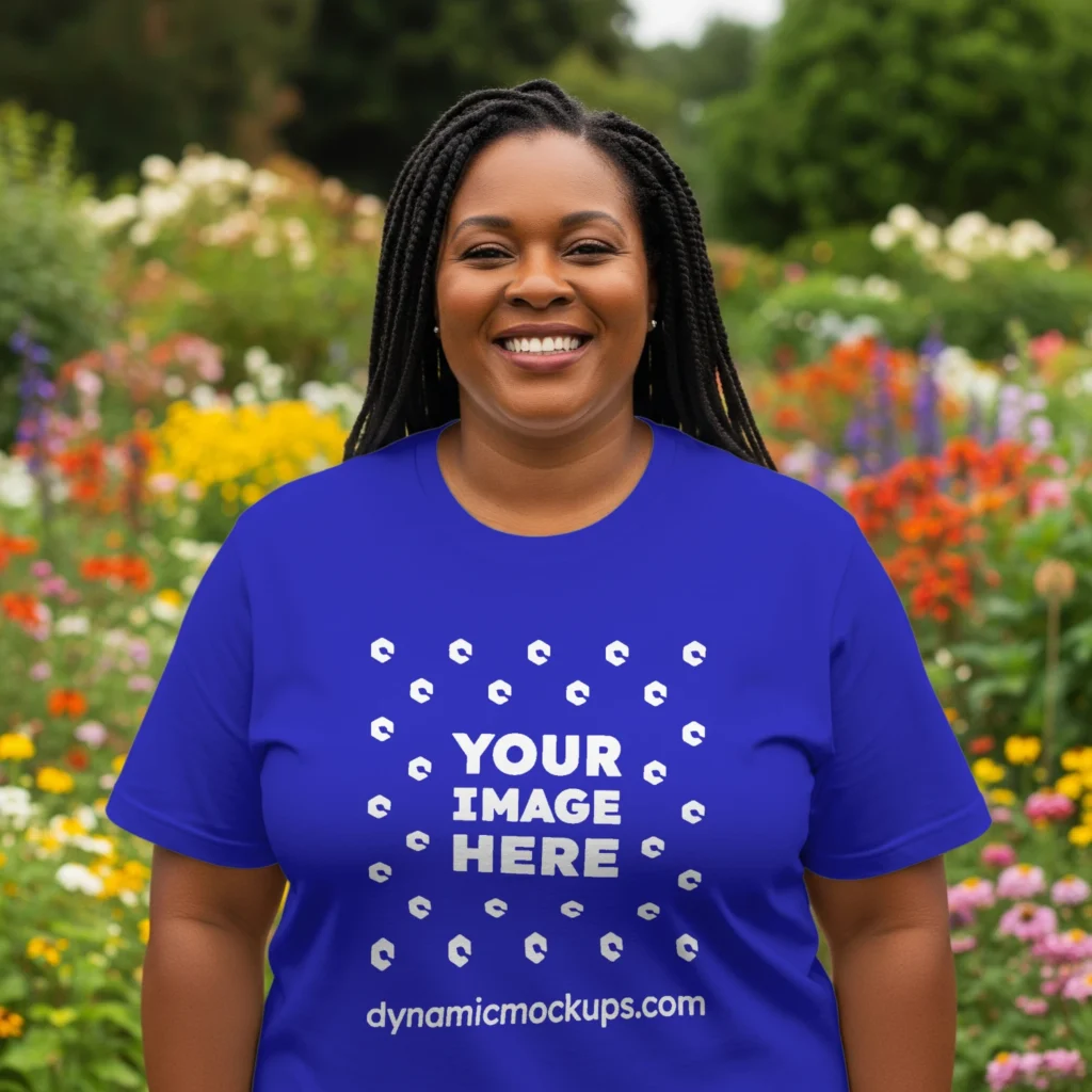 Woman Wearing Blue T-shirt Mockup Front View Template
