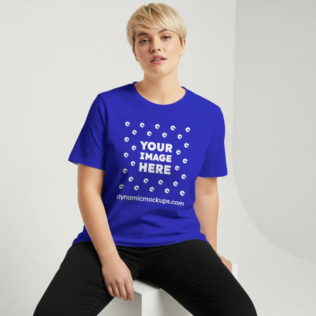 Woman Wearing Blue T-shirt Mockup Front View Template