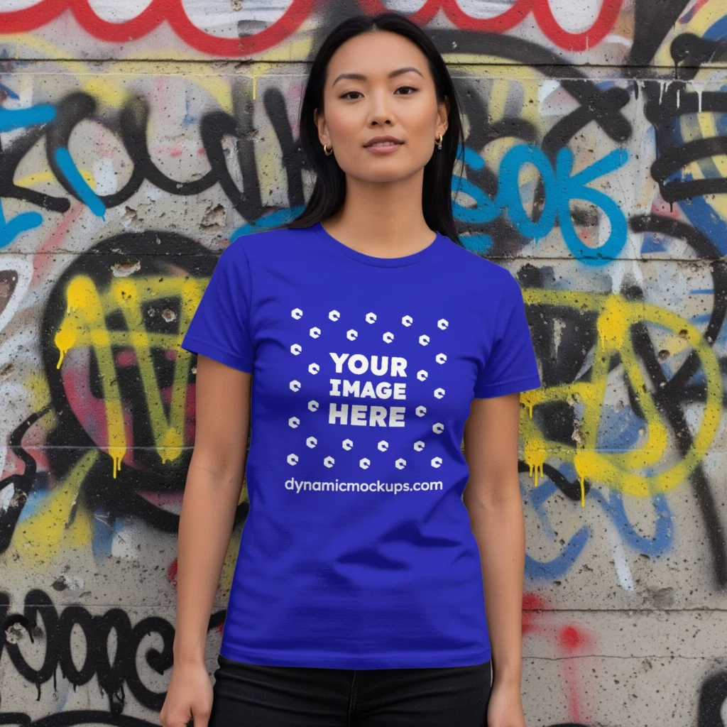 Woman Wearing Blue T-shirt Mockup Front View Template