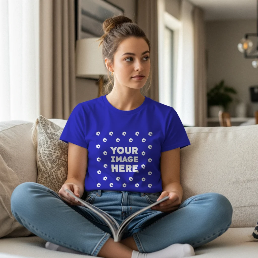Woman Wearing Blue T-shirt Mockup Front View Template