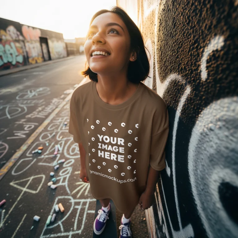 Woman Wearing Brown T-shirt Mockup Front View Template