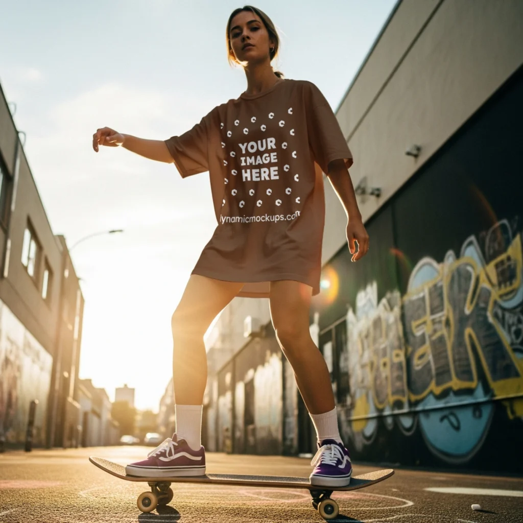 Woman Wearing Brown T-shirt Mockup Front View Template