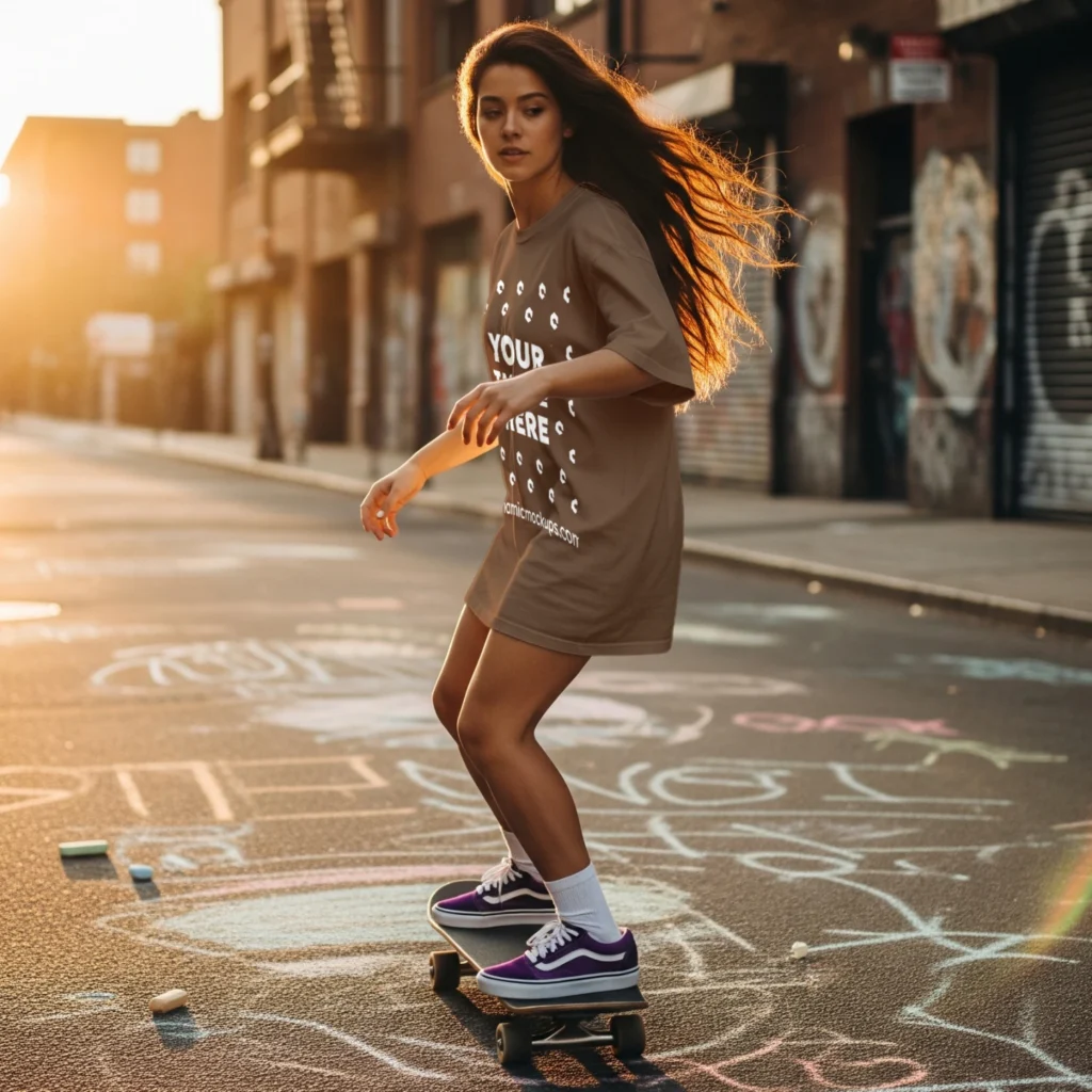 Woman Wearing Brown T-shirt Mockup Side View Template