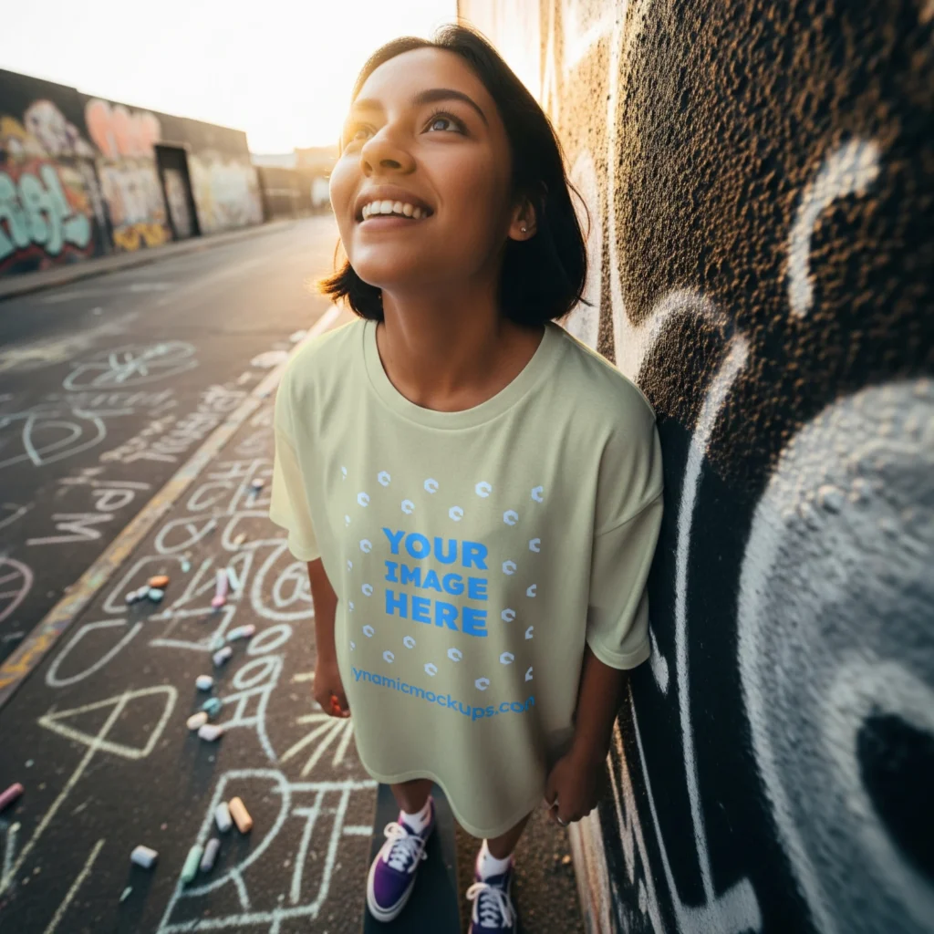 Woman Wearing Cream T-shirt Mockup Front View Template