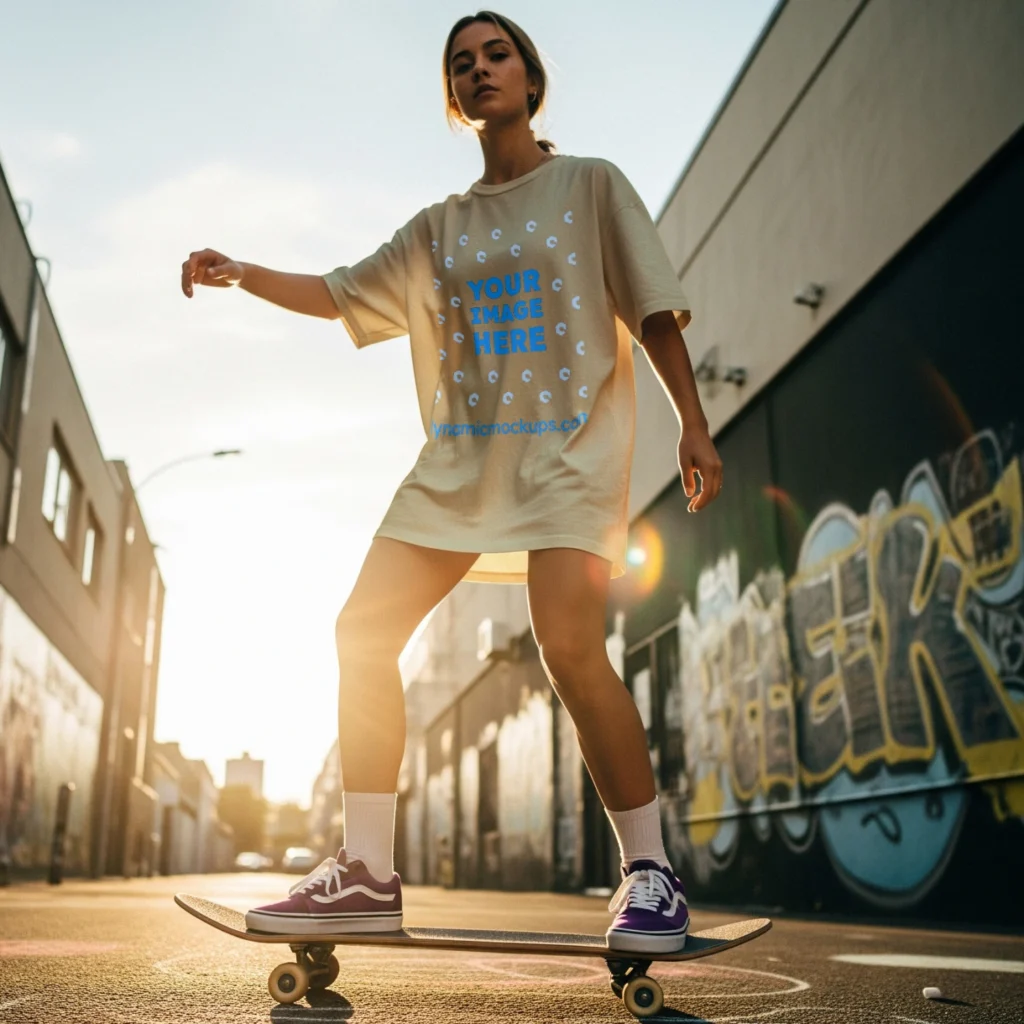 Woman Wearing Cream T-shirt Mockup Front View Template