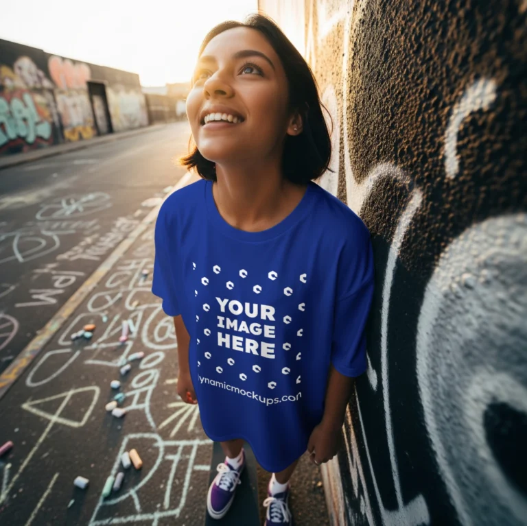 Woman Wearing Dark Blue T-shirt Mockup Front View Template