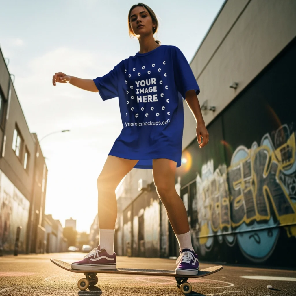 Woman Wearing Dark Blue T-shirt Mockup Front View Template