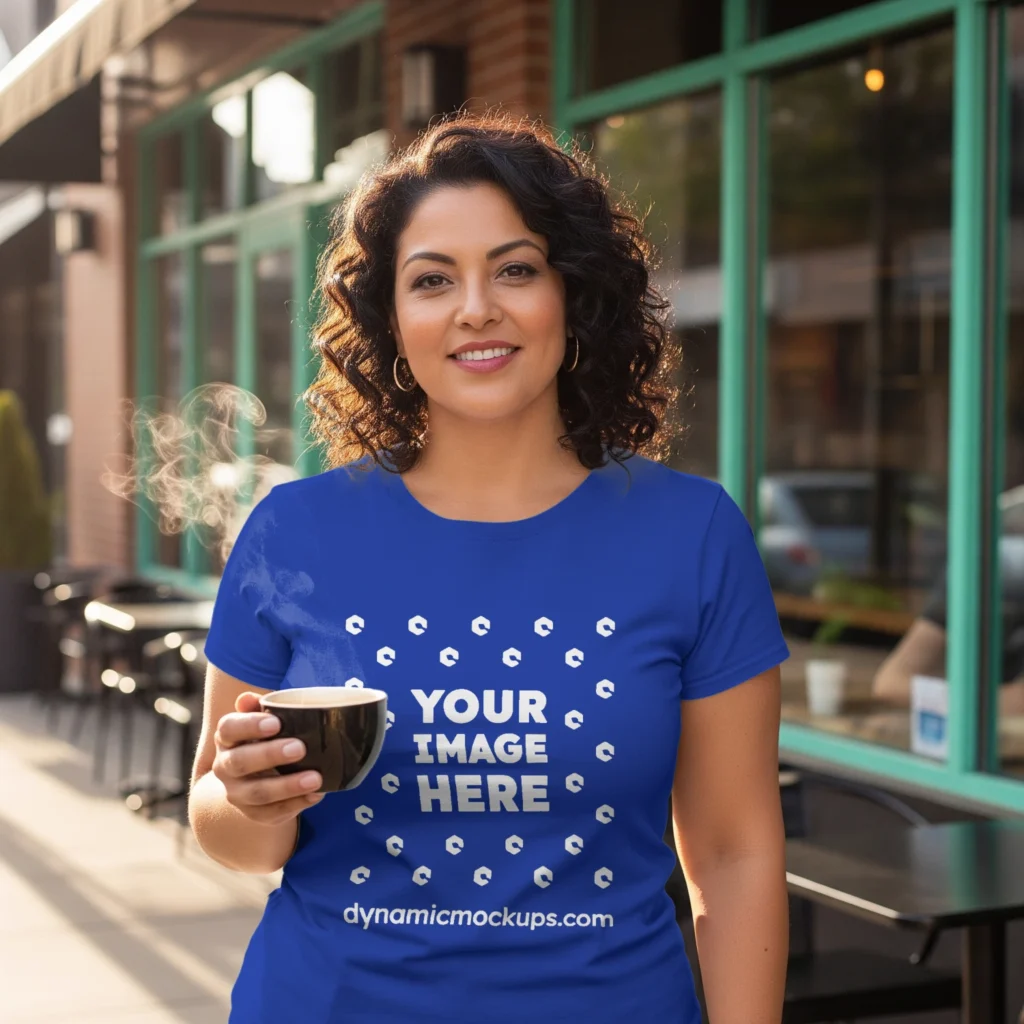 Woman Wearing Dark Blue T-shirt Mockup Front View Template